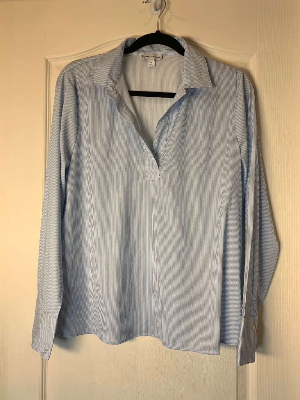 Tommy Hilfiger Blue & White Pinstripe V-Neck Long Sleeve Blouse M